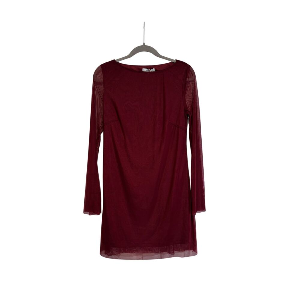 RIHOAS Women's Burgundy Mesh Bell Sleeve Mini Dress Size S NWT - Picture 2 of 8